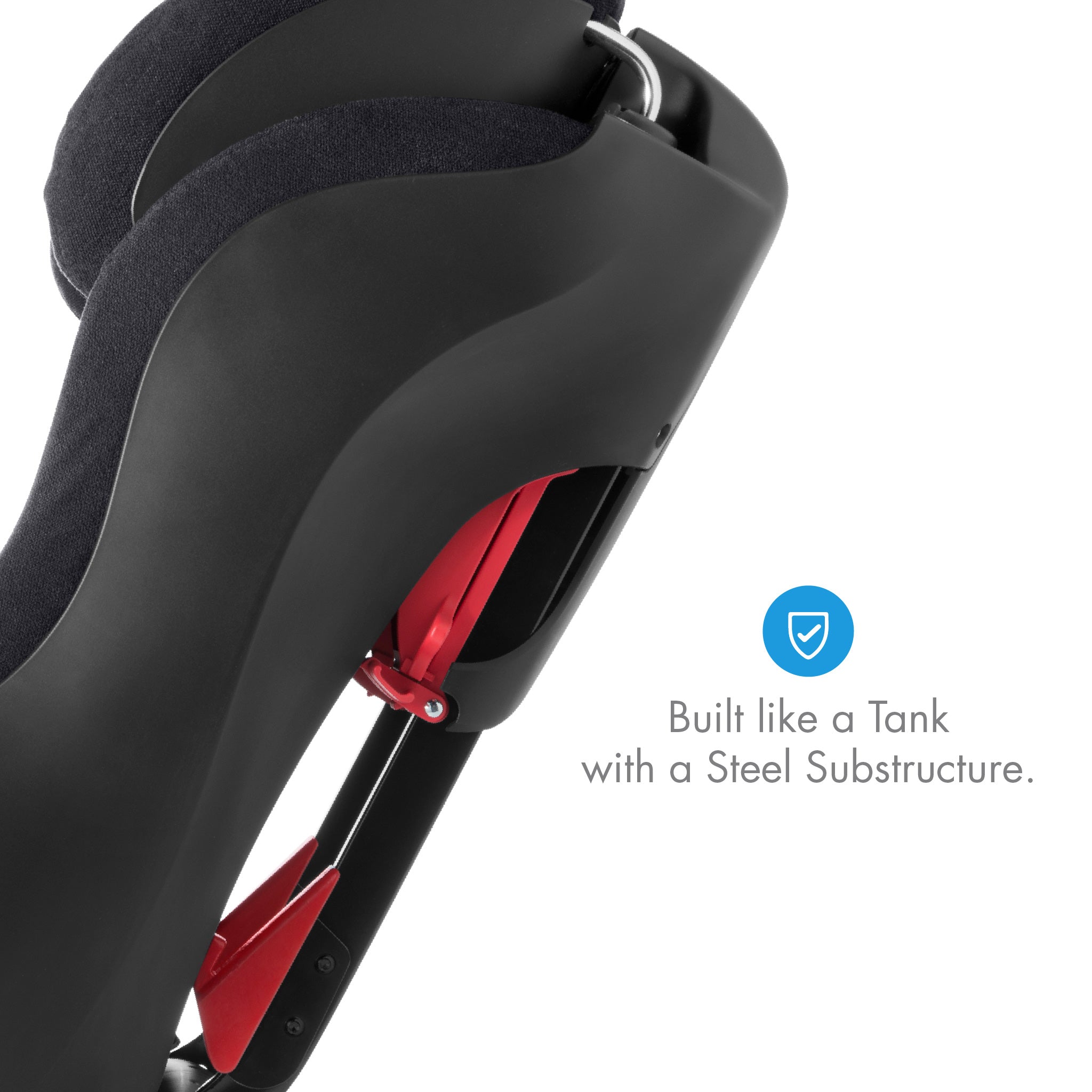 Black and red baby carrier with text 'Built like a Tank with a Steel Substructure' on a white background all-groups