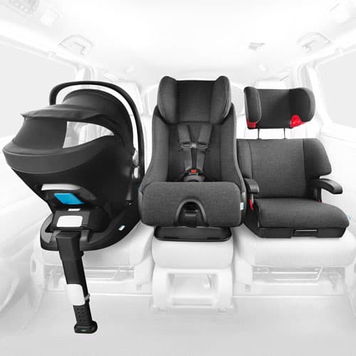 Clek infant car seat, booster car seat and convertible car seat installed 3-across
