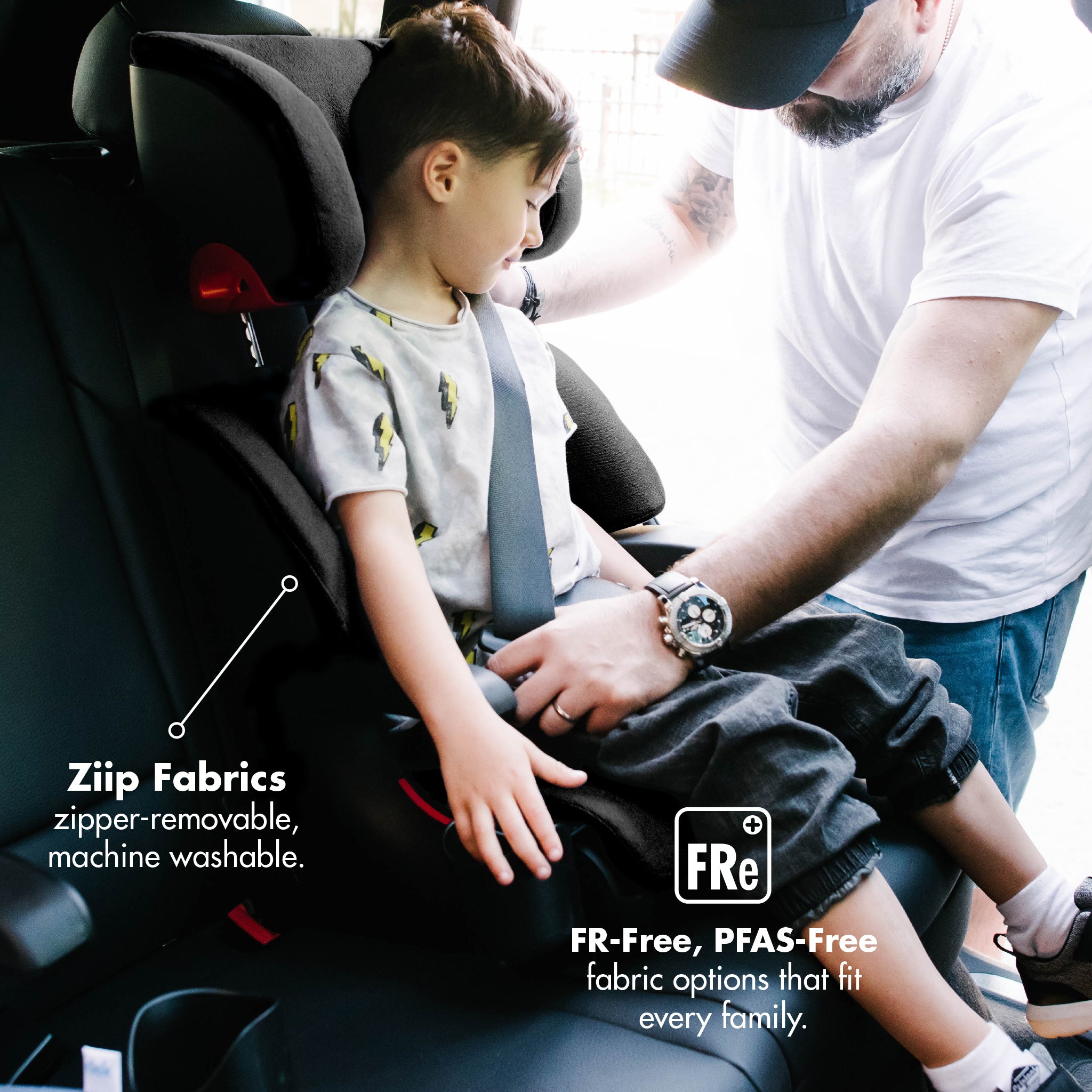 Child being secured in a car seat by an adult, with text highlighting Ziip PFAS-Free, FR-Free fabrics all-groups