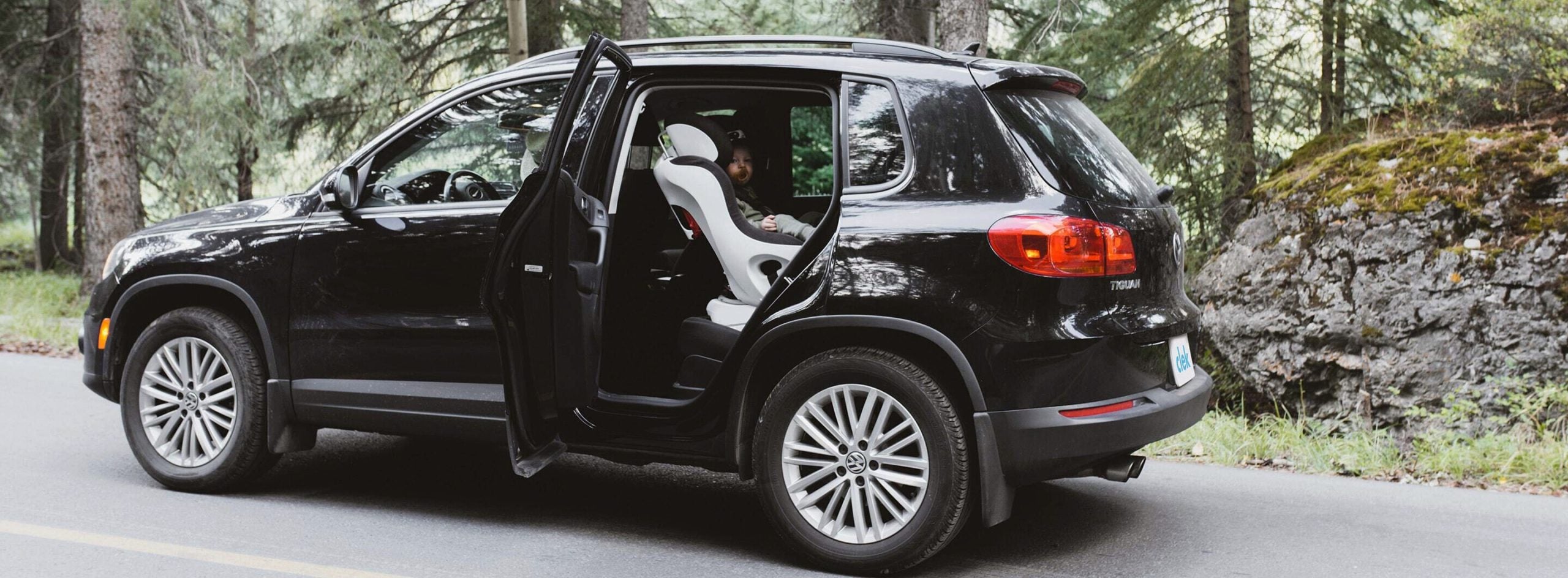 Clek Foonf convertible car seat installed in a Volkswagen Tiguan