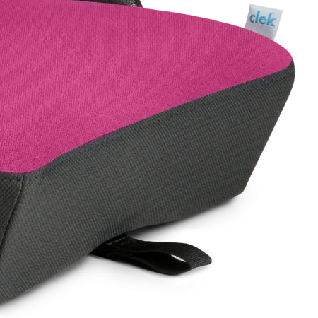 Closeup of the release pull-tab on the Clek Olli booster seat in Flamingo fabric
