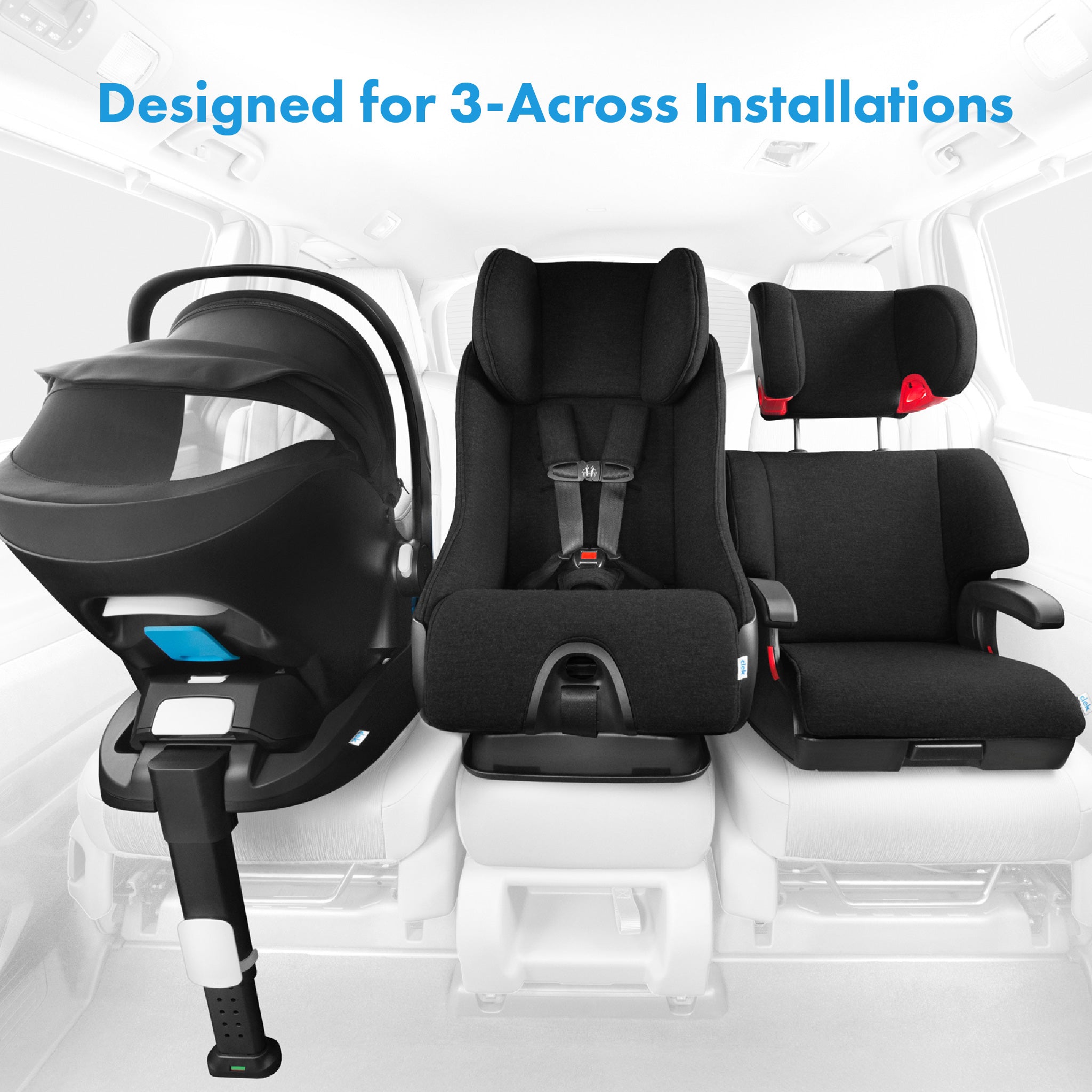 Three child car seats with text 'Designed for 3-Across Installations' on a white background all-groups