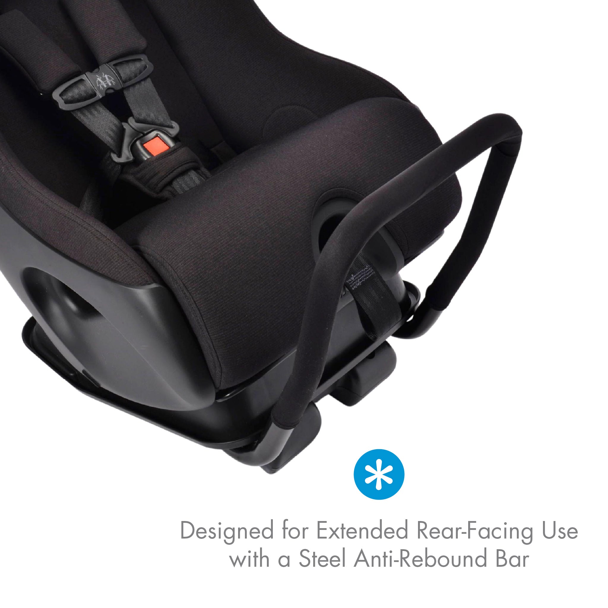 Black car seat with a steel anti-rebound bar on a white background all-groups