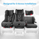Three Clek car seats installed in 3-across configuration all-groups