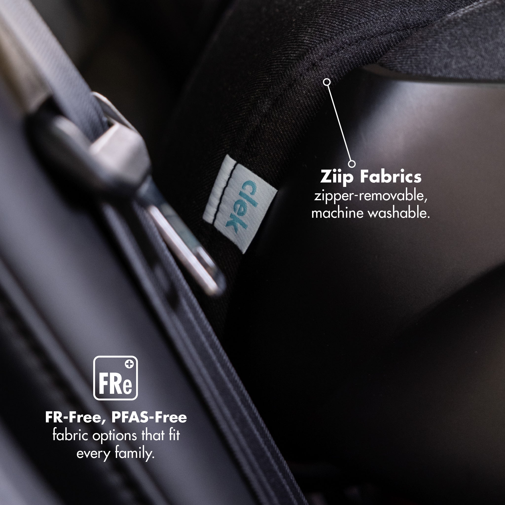 Close up of Clek Foonf fabric highlighting Ziip FR-Free PFAS-Free fabrics all-groups