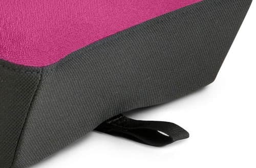 Closeup of the quick release LATCH strap on the Clek olli booster seat for kids in flamingo fabric