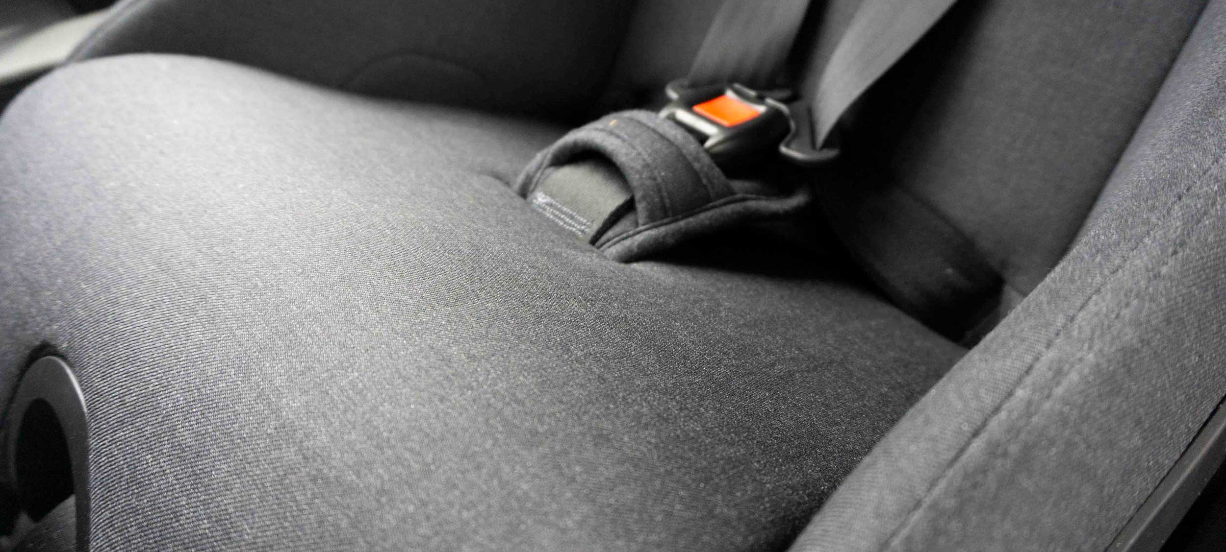 Closeup of Clek car seats in Mammoth flame retardant free fabric